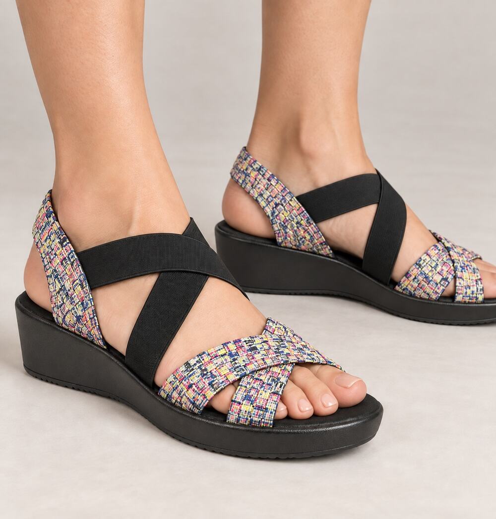 Bernie Mev Lisa Sandals Splash Multicolor Woven Stretch Memory Foam Wedges